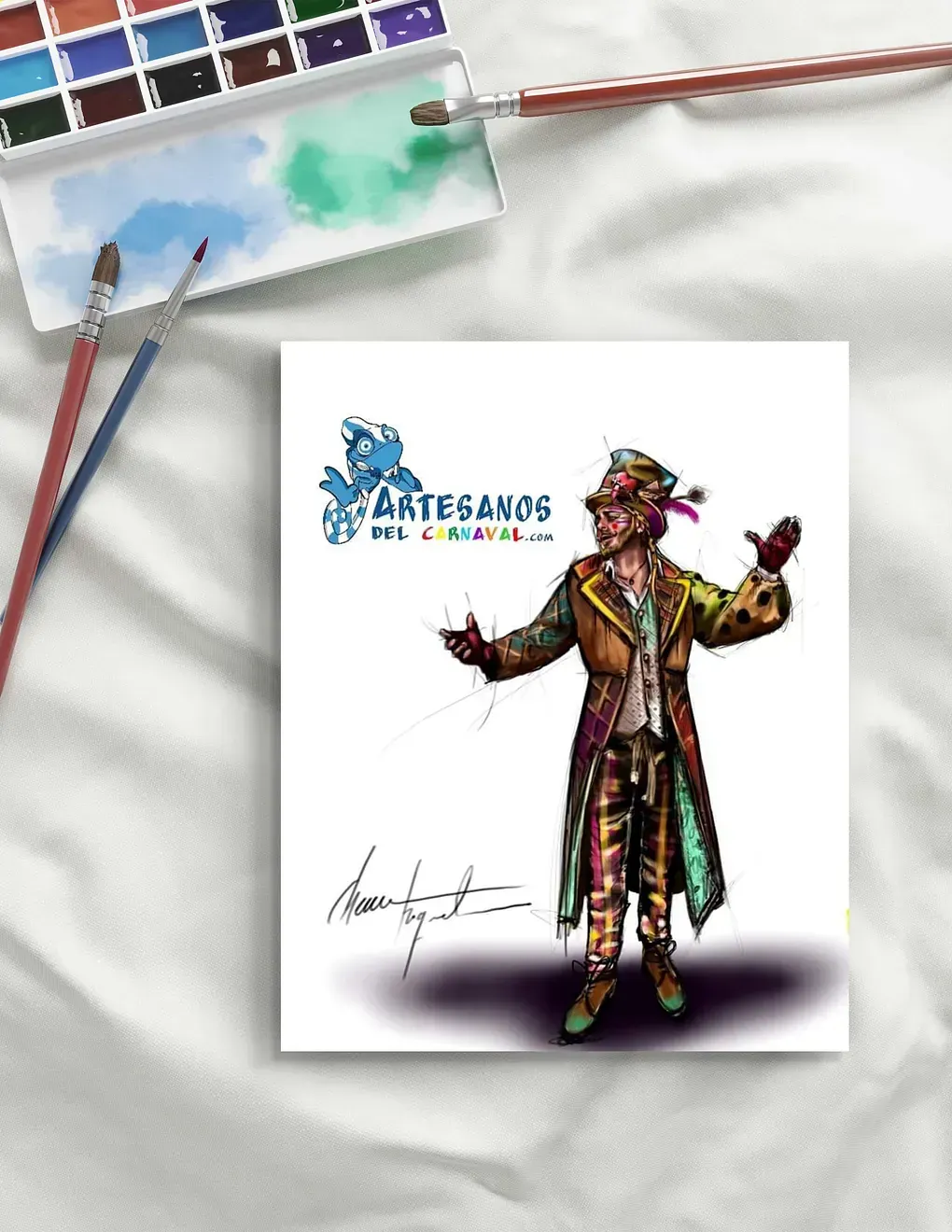 Una pintura de un hombre de pie junto a una paleta de acuarela y pinceles.