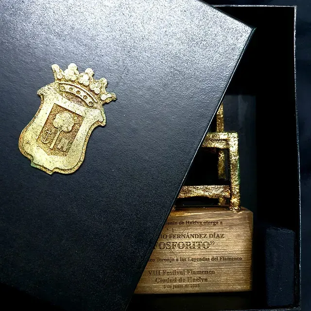 Una caja negra con una silla dorada dentro.