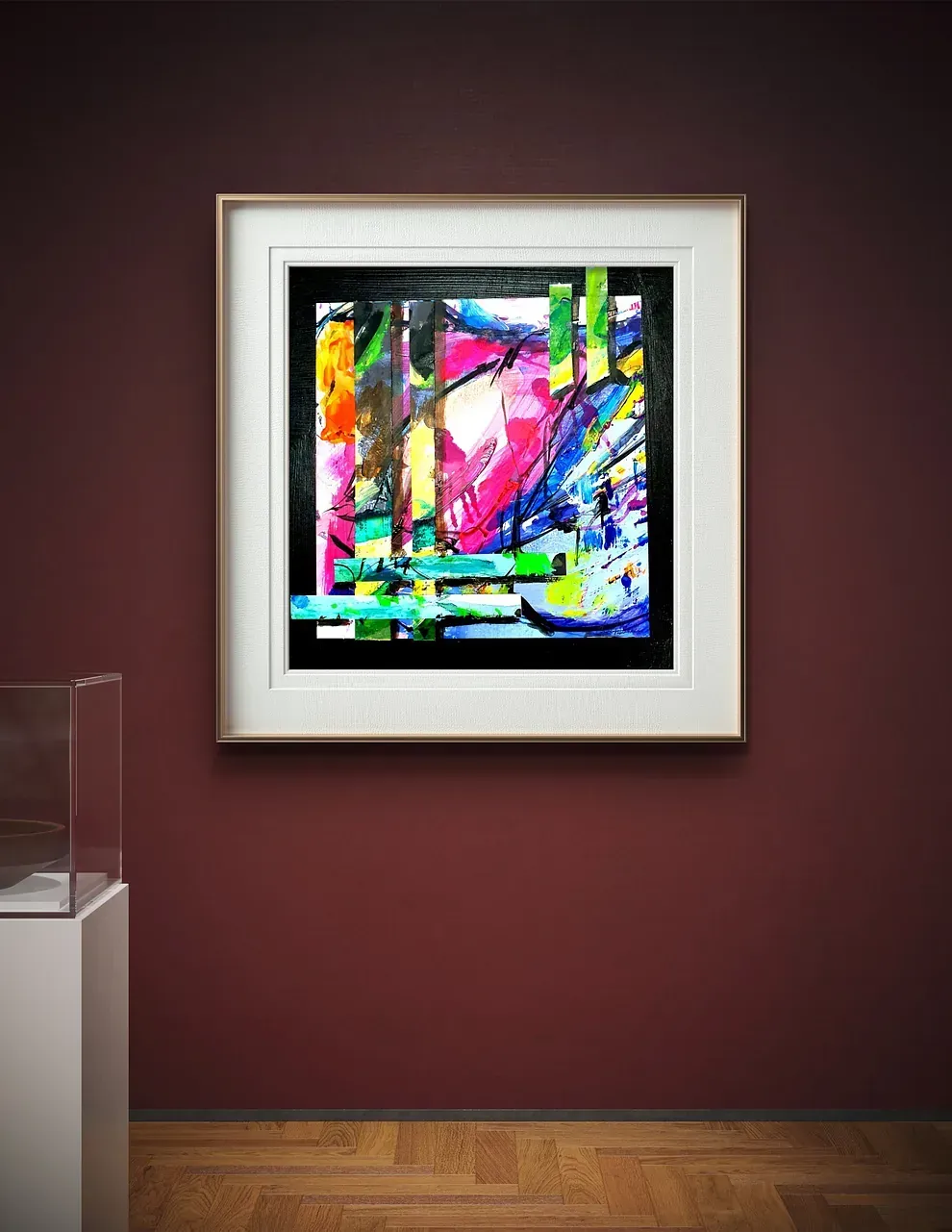 Un cuadro enmarcado está colgado en una pared roja.