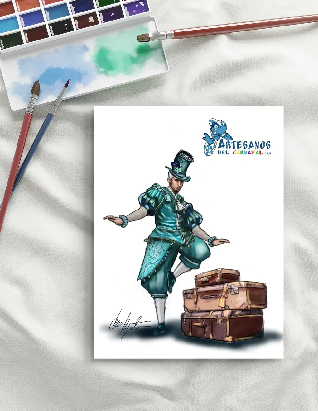 Una pintura de un hombre con sombrero de copa de pie sobre una pila de maletas.