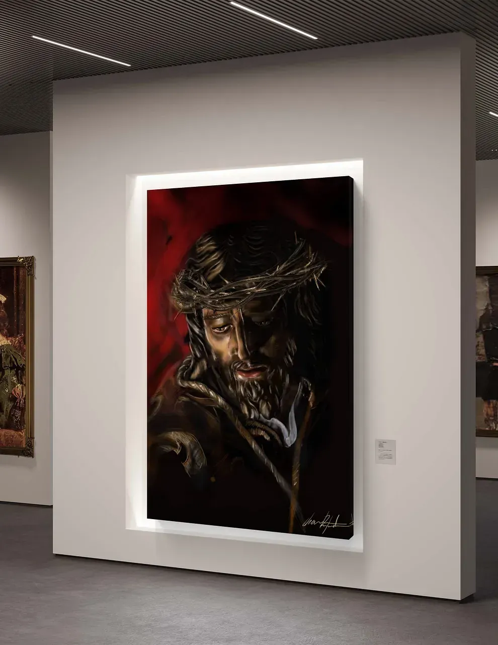 Un cuadro de Jesús con una corona de espinas está colgado en la pared de un museo.