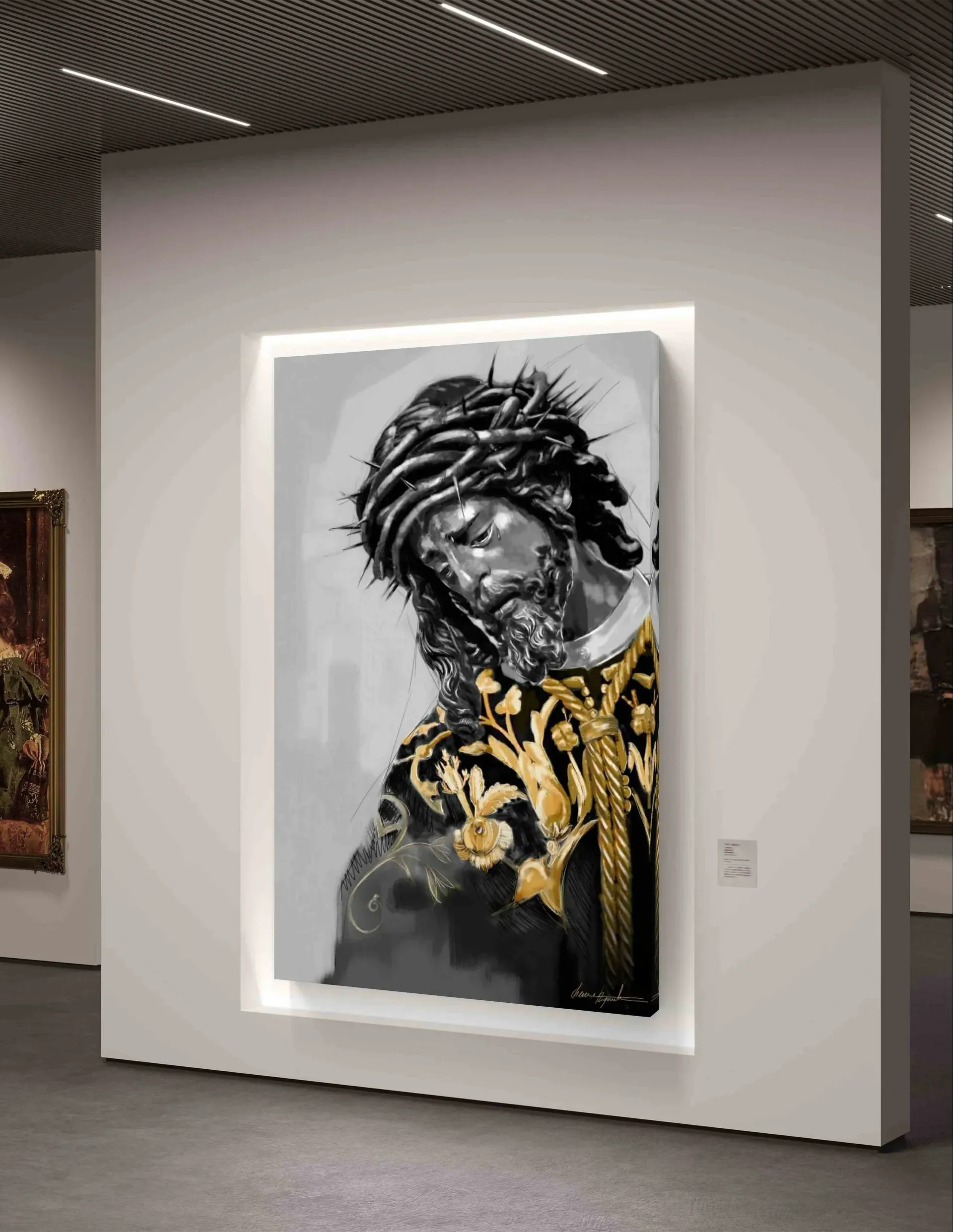 Un cuadro de Jesús con una corona de espinas en la cabeza está colgado en una pared.