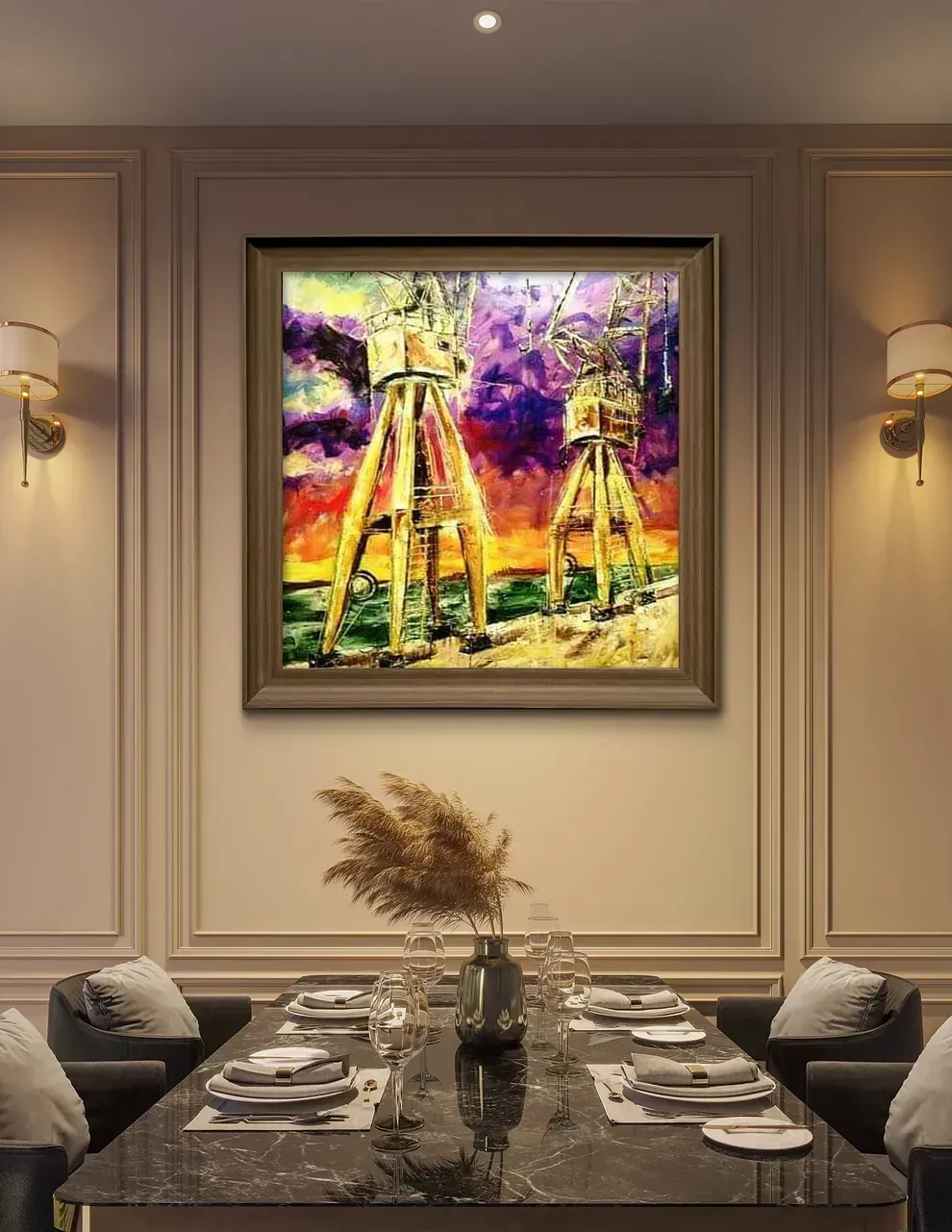 Un comedor con una mesa y sillas y un cuadro en la pared encima.