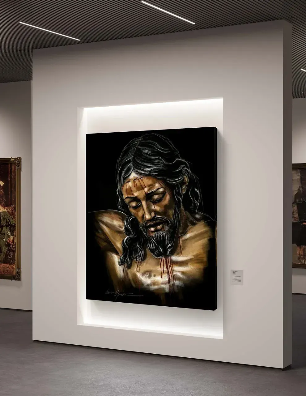 Un cuadro de Jesús está colgado en una pared de un museo.