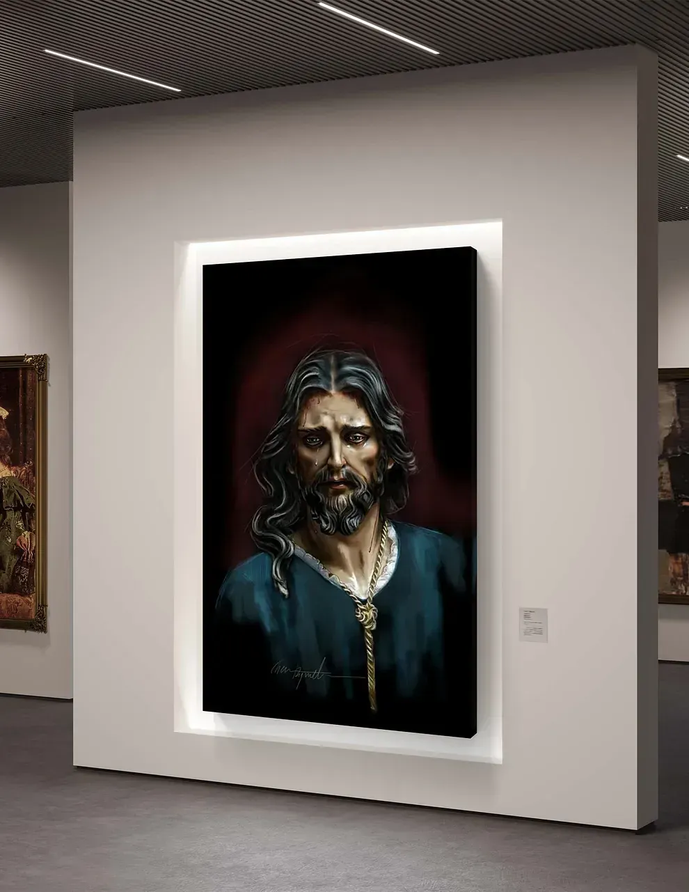 Un cuadro de Jesús está colgado en una pared de un museo.
