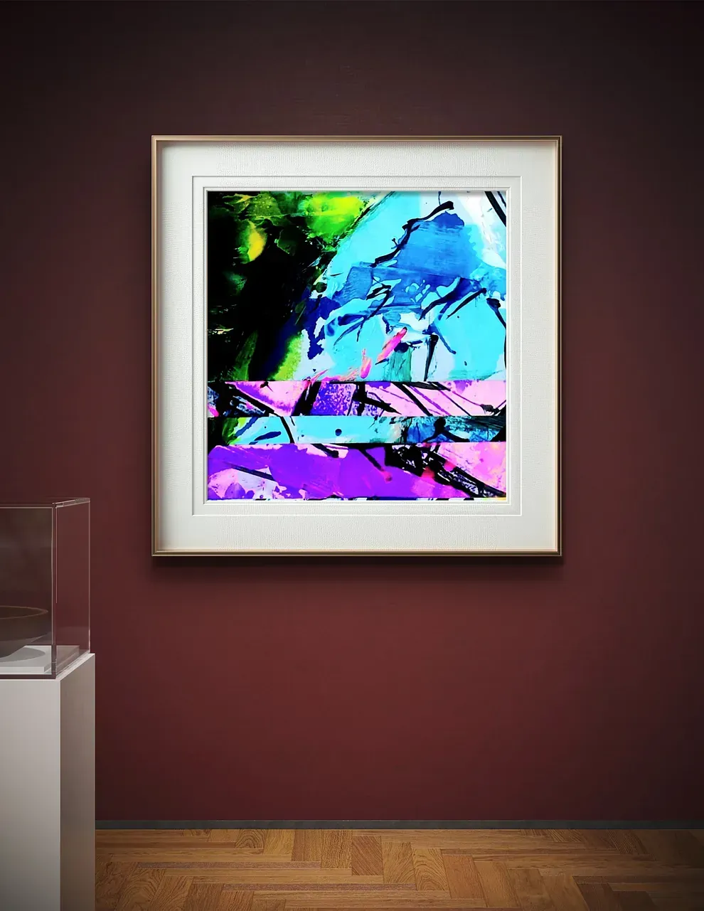 Un cuadro enmarcado está colgado en una pared roja en un museo.