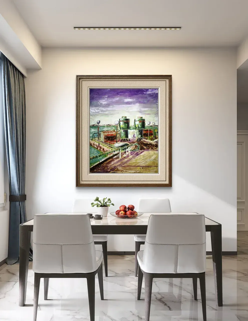 Un comedor con una mesa y sillas y un cuadro en la pared.