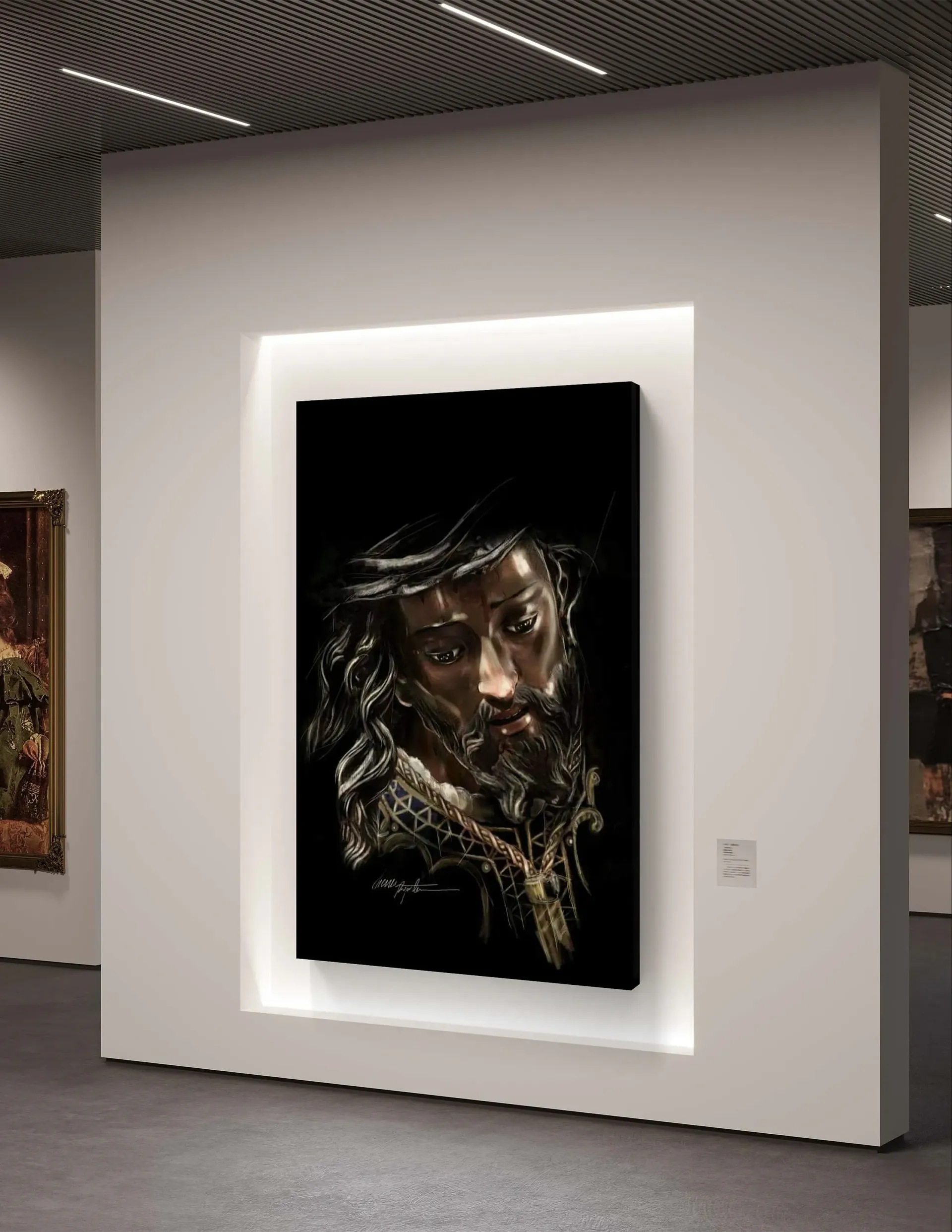 Un cuadro de Jesús está colgado en una pared en un museo.