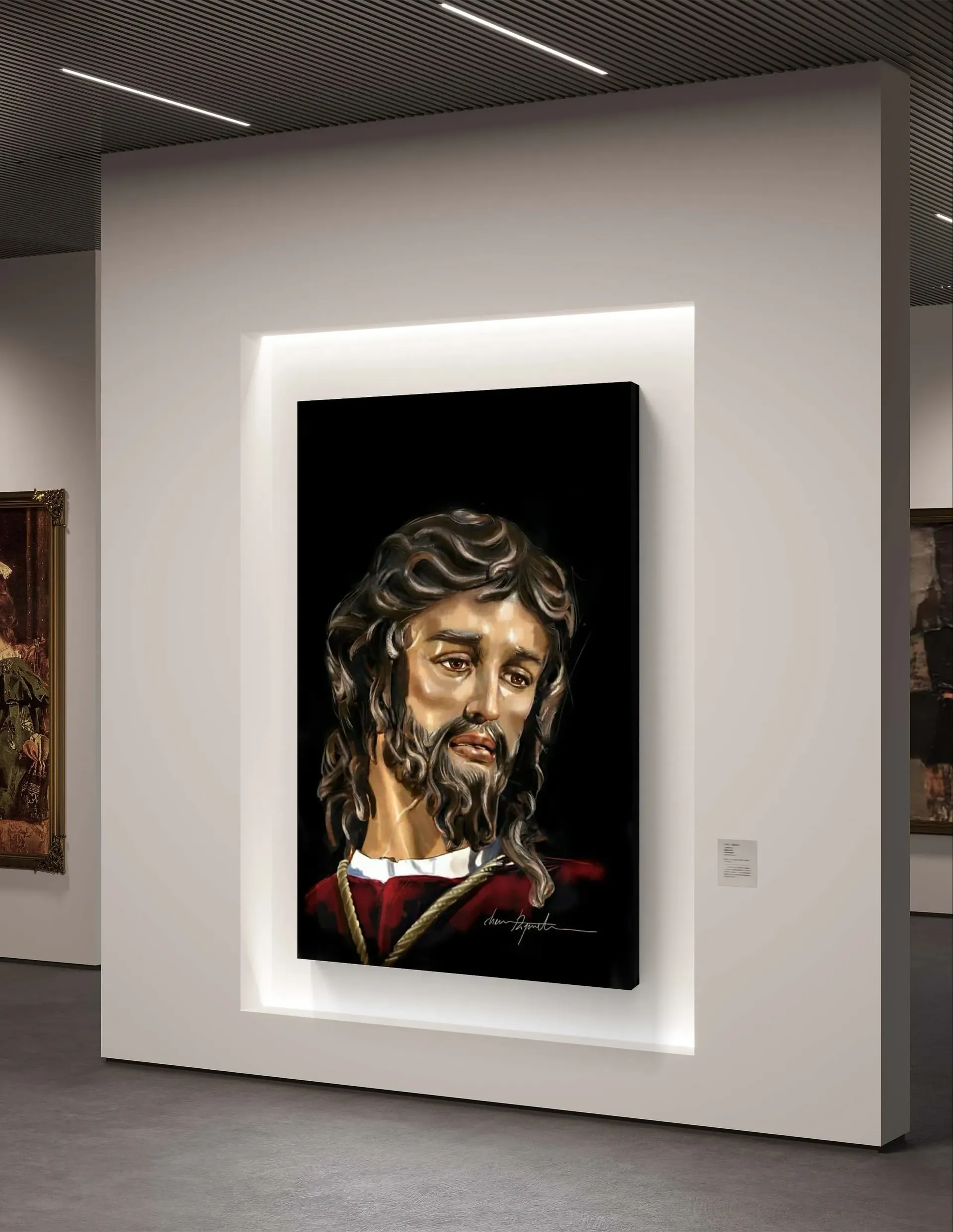 Un cuadro de Jesús está colgado en una pared en un museo.