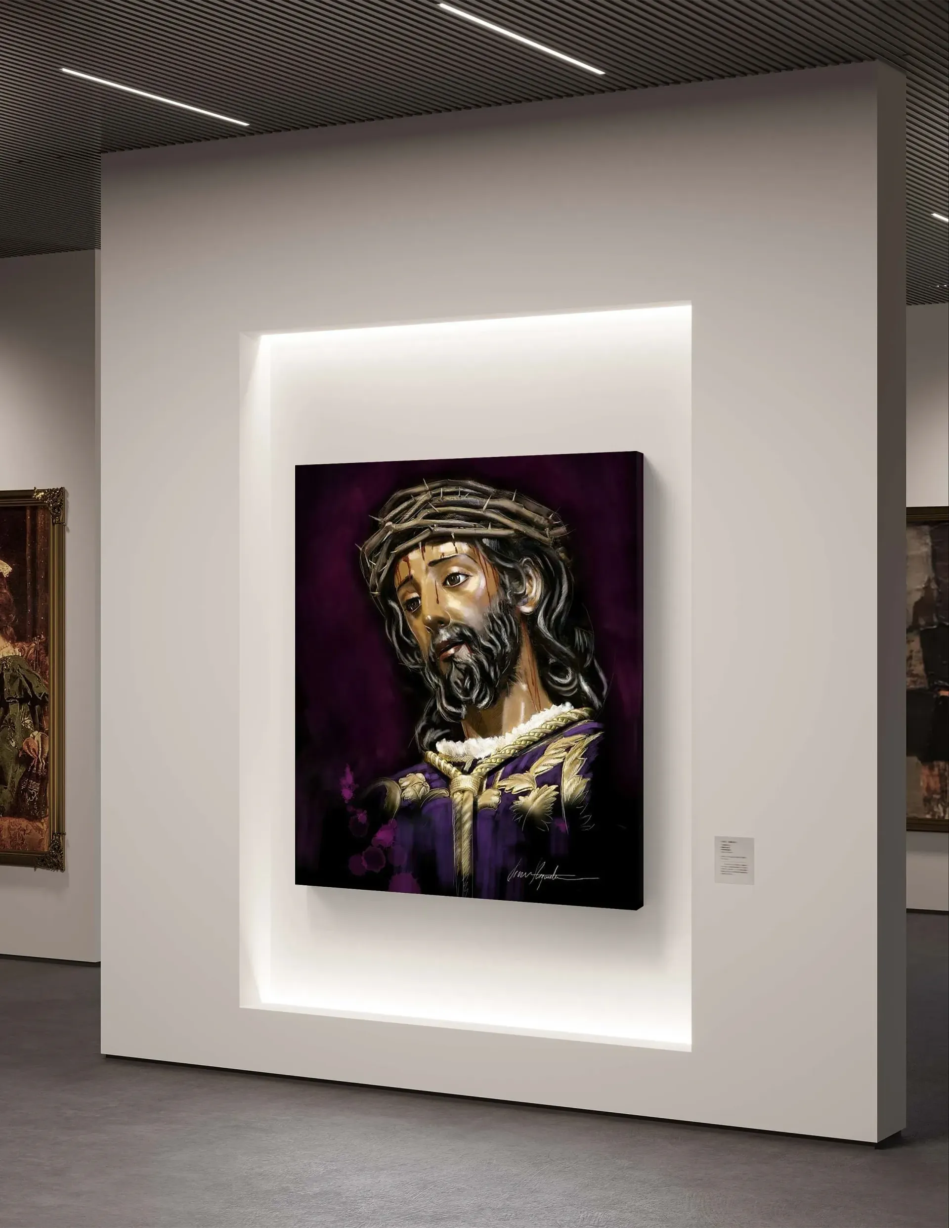Un cuadro de Jesús está colgado en una pared en un museo.