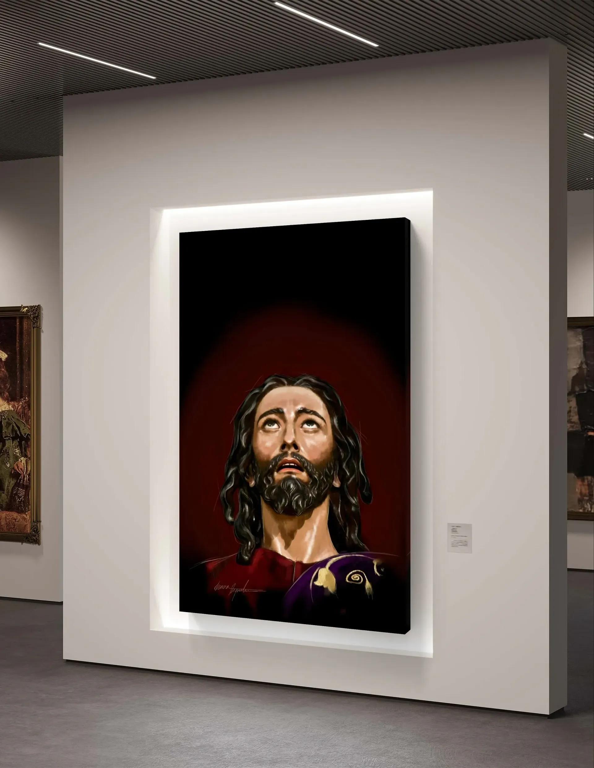 Un cuadro de Jesús está colgado en una pared en un museo.