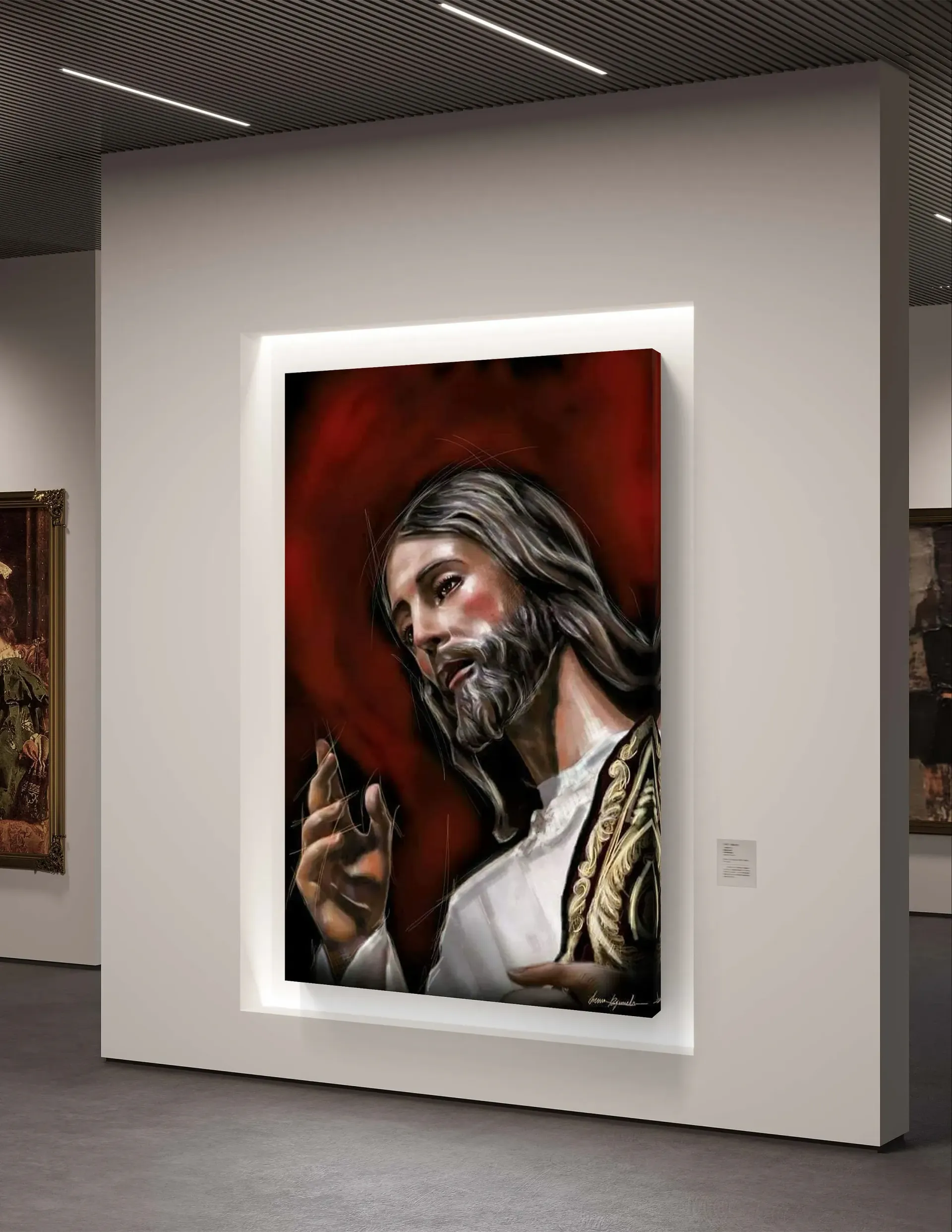 Un cuadro de Jesús está colgado en una pared en un museo.