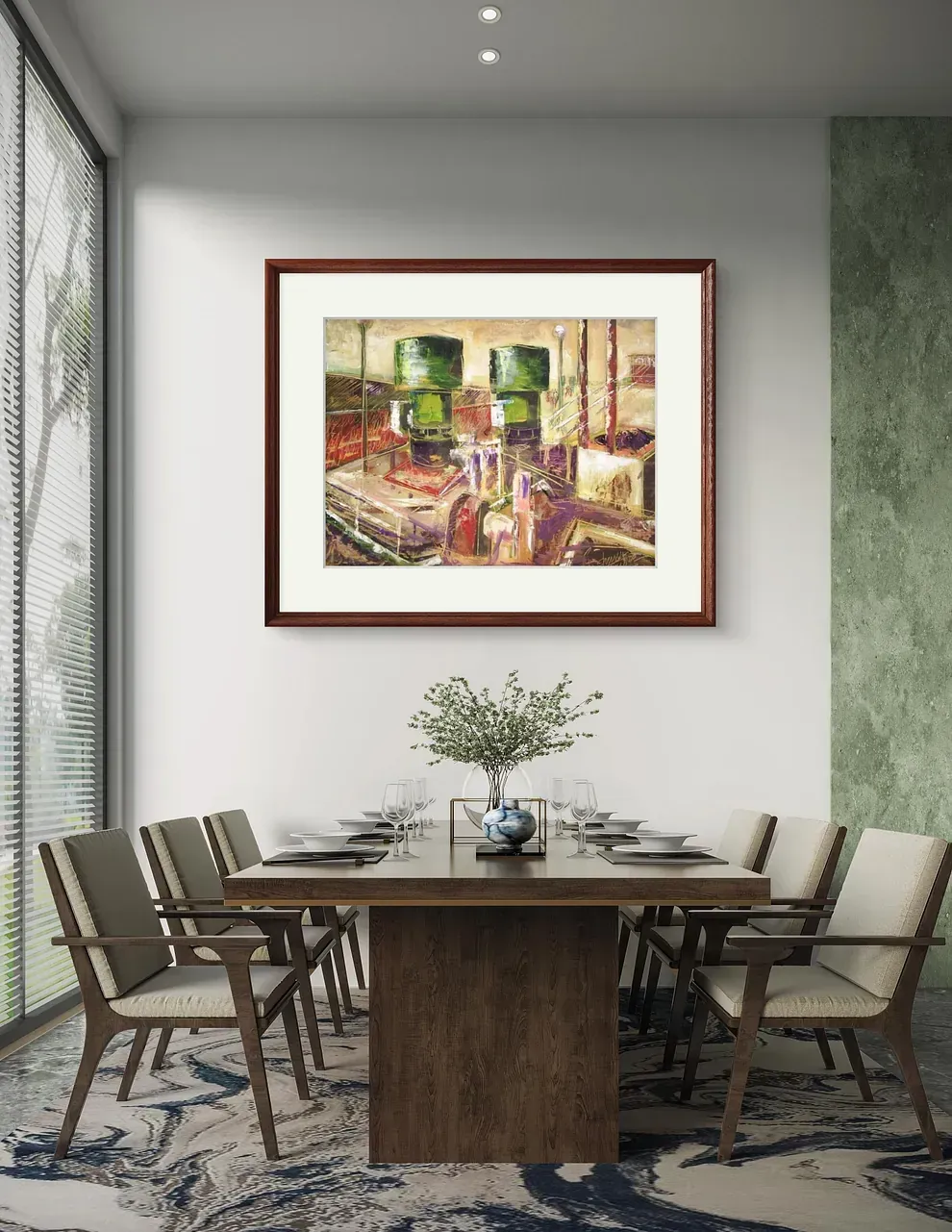 Un comedor con una mesa y sillas y un cuadro en la pared encima.