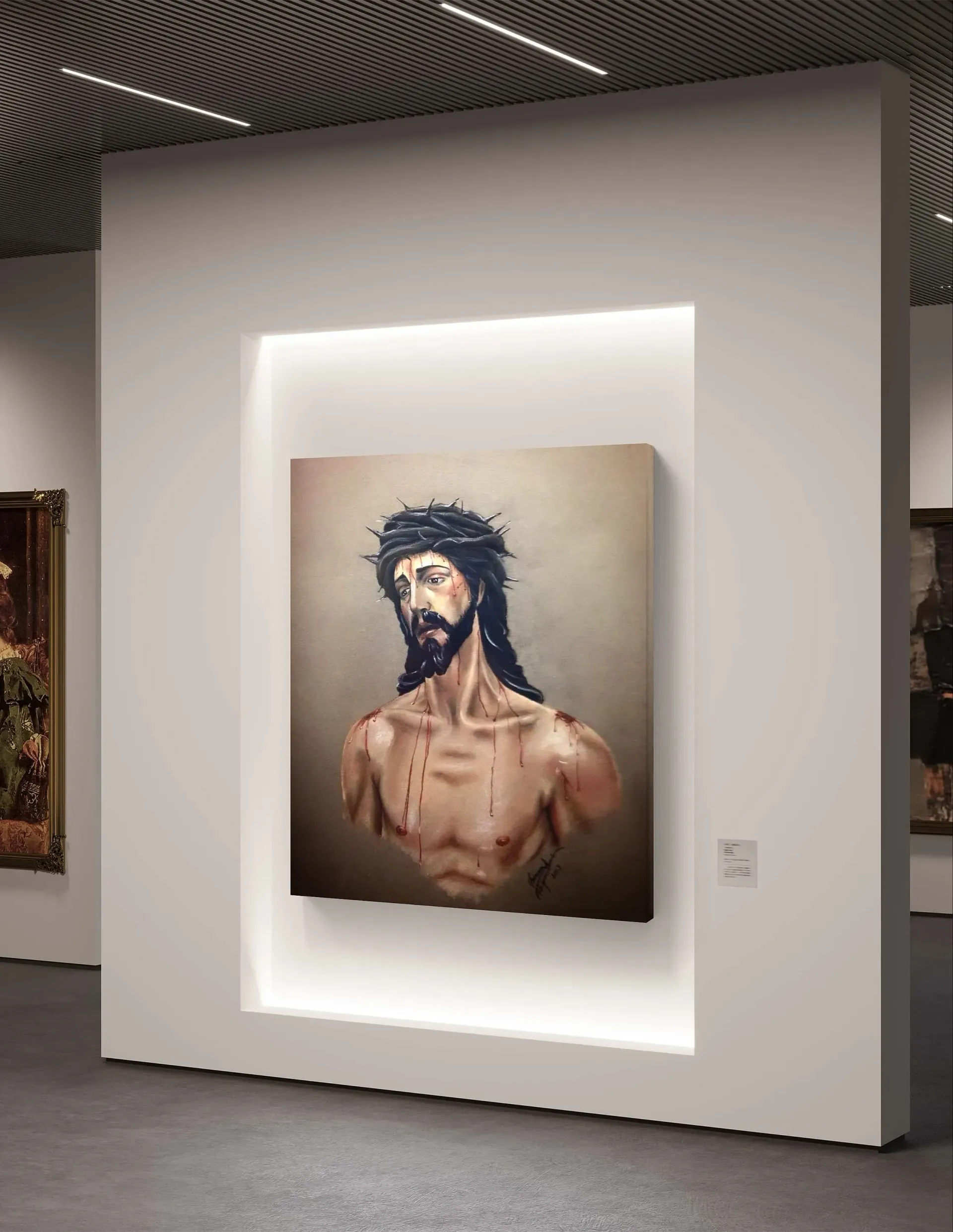 Un cuadro de Jesús con una corona de espinas está colgado en una pared de un museo.