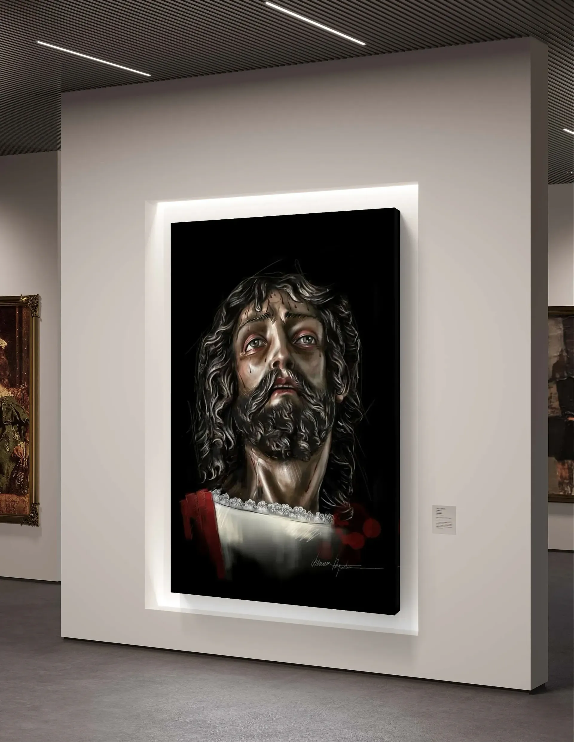 Un cuadro de un hombre con barba está colgado en la pared de un museo.