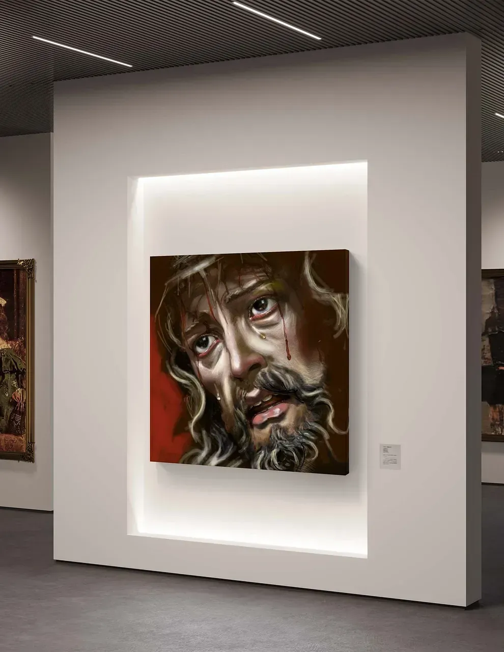 Un cuadro de Jesús está colgado en una pared de un museo.