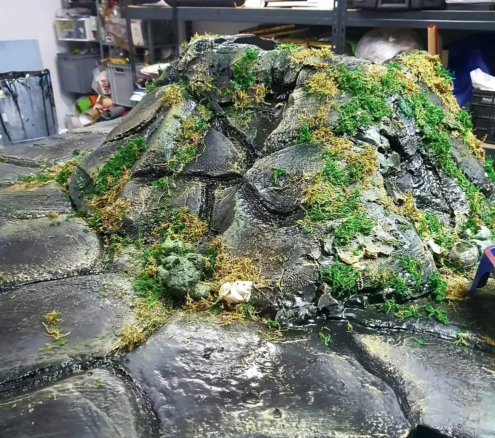 Una gran roca cubierta de musgo está sobre una mesa.