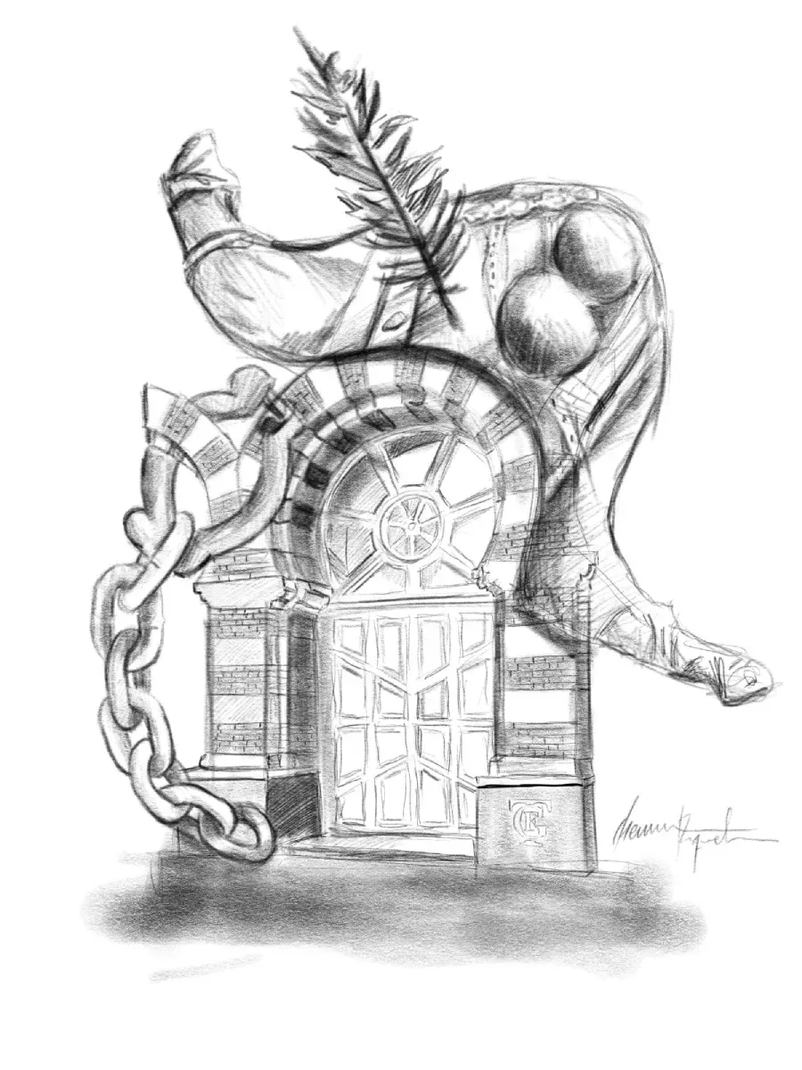 Un dibujo en blanco y negro de una puerta con una cadena alrededor.