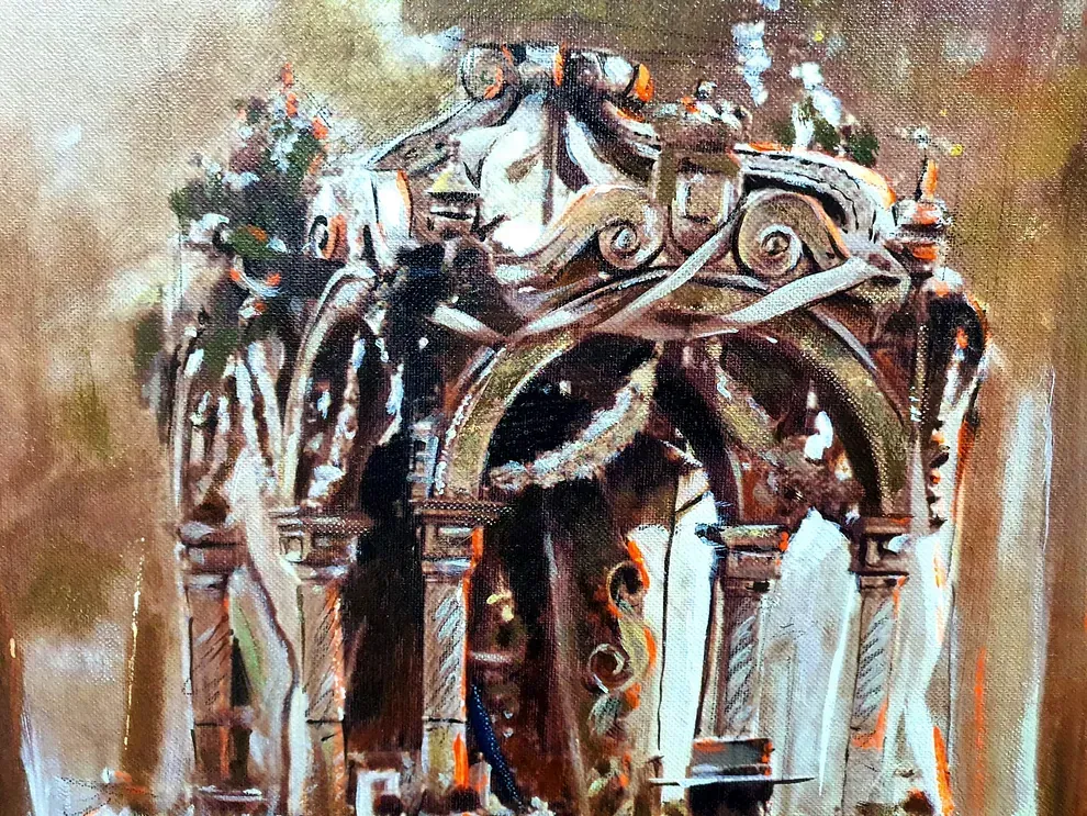 Una pintura de un edificio con columnas y arcos.