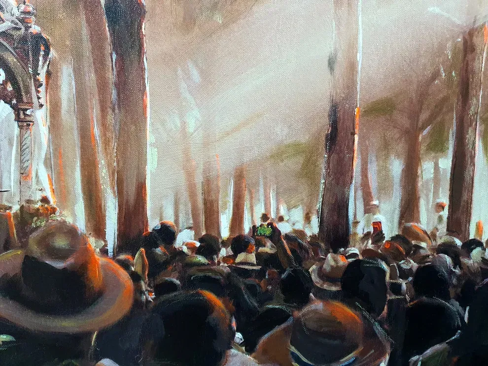 Una pintura de una multitud de personas con sombreros.