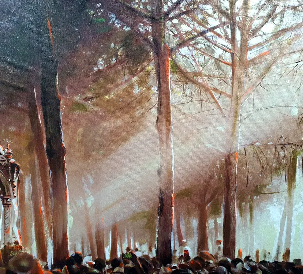 Una pintura de un grupo de personas en un bosque.