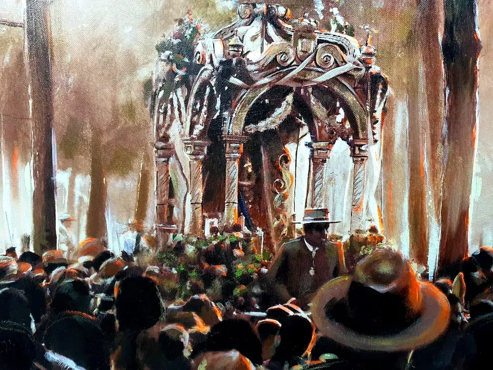 Una pintura de una multitud de personas reunidas alrededor de una estatua.