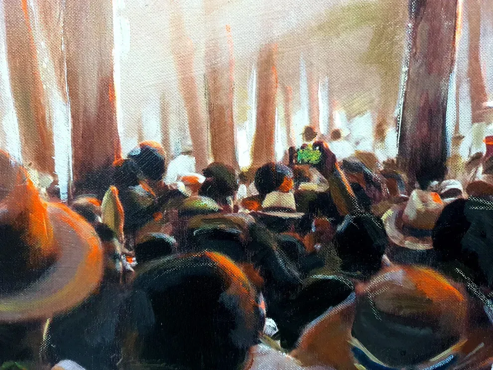 Una pintura de una multitud de personas con sombreros.