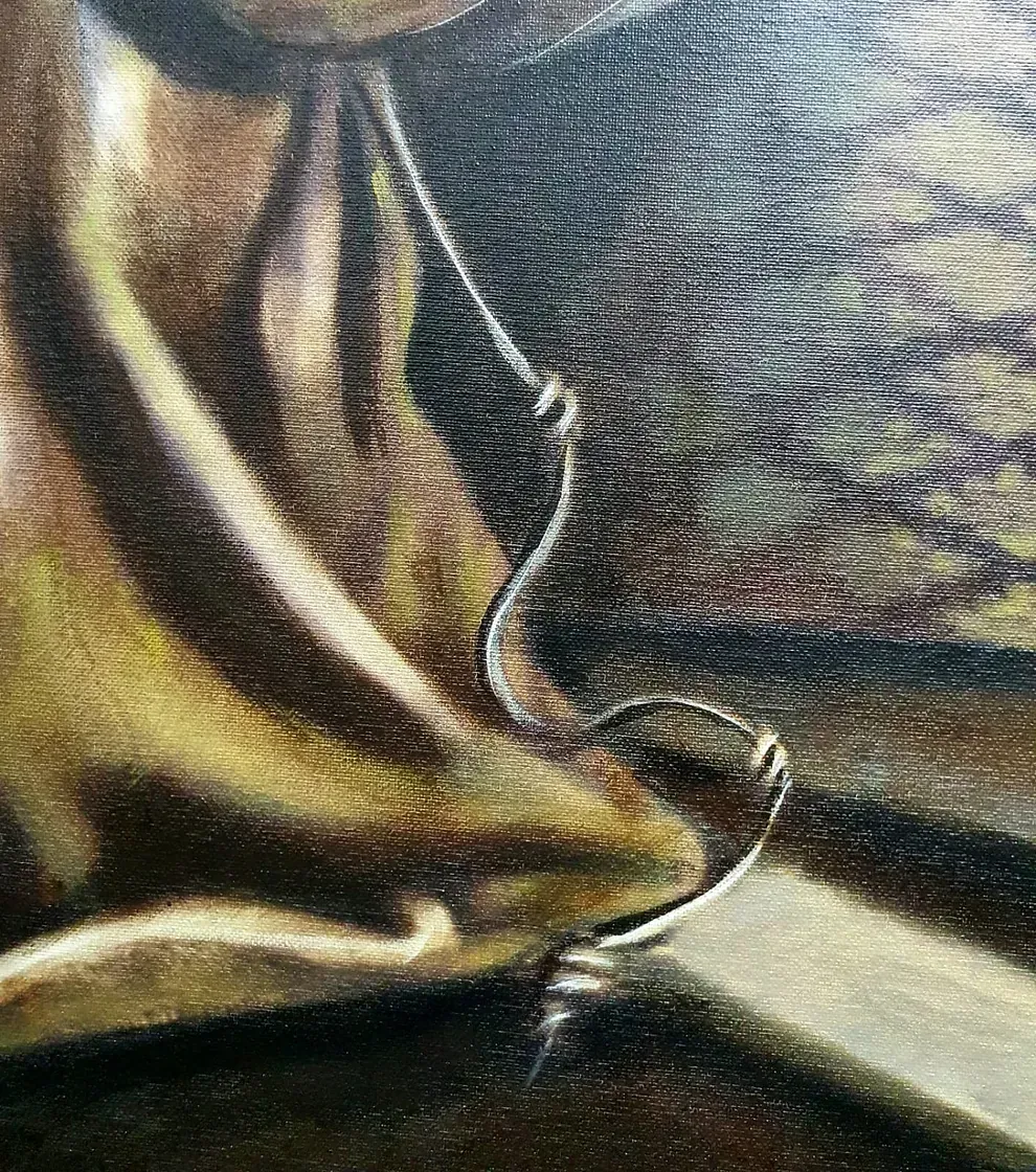 Un primer plano de una pintura de una persona con auriculares.