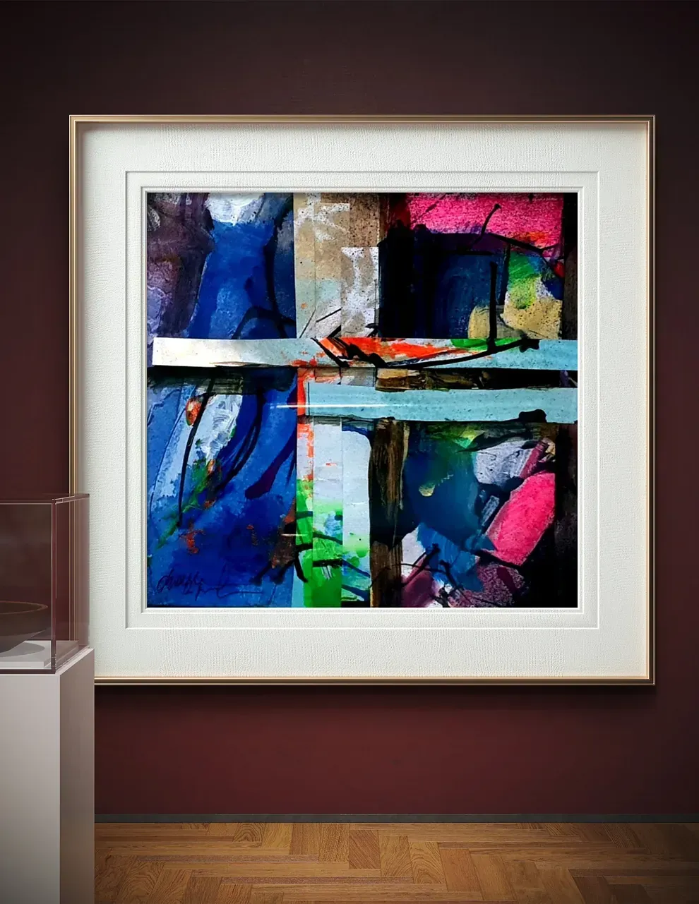 Un cuadro enmarcado está colgado en una pared en un museo.