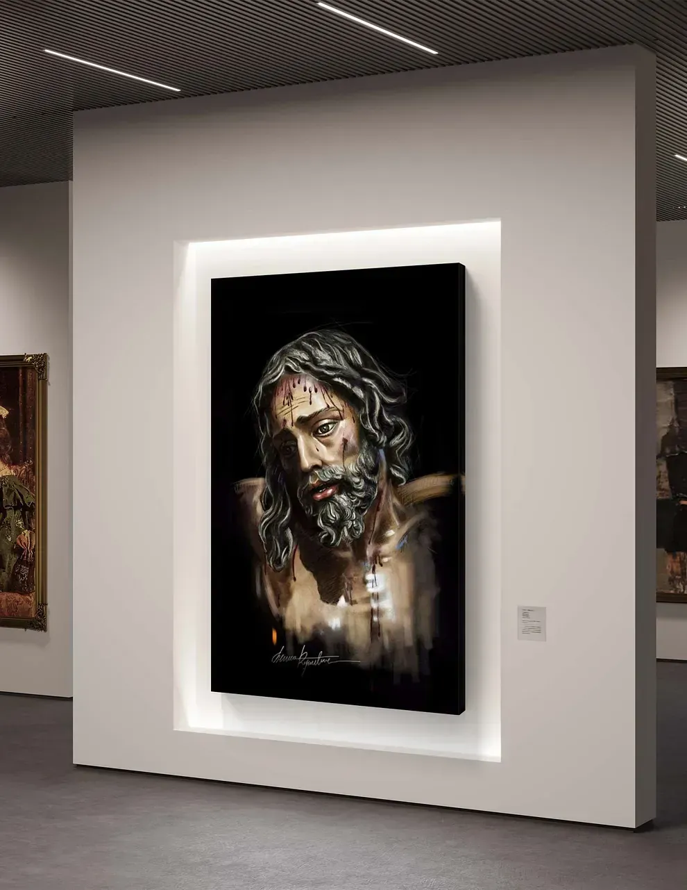 Un cuadro de Jesús está colgado en una pared de un museo.