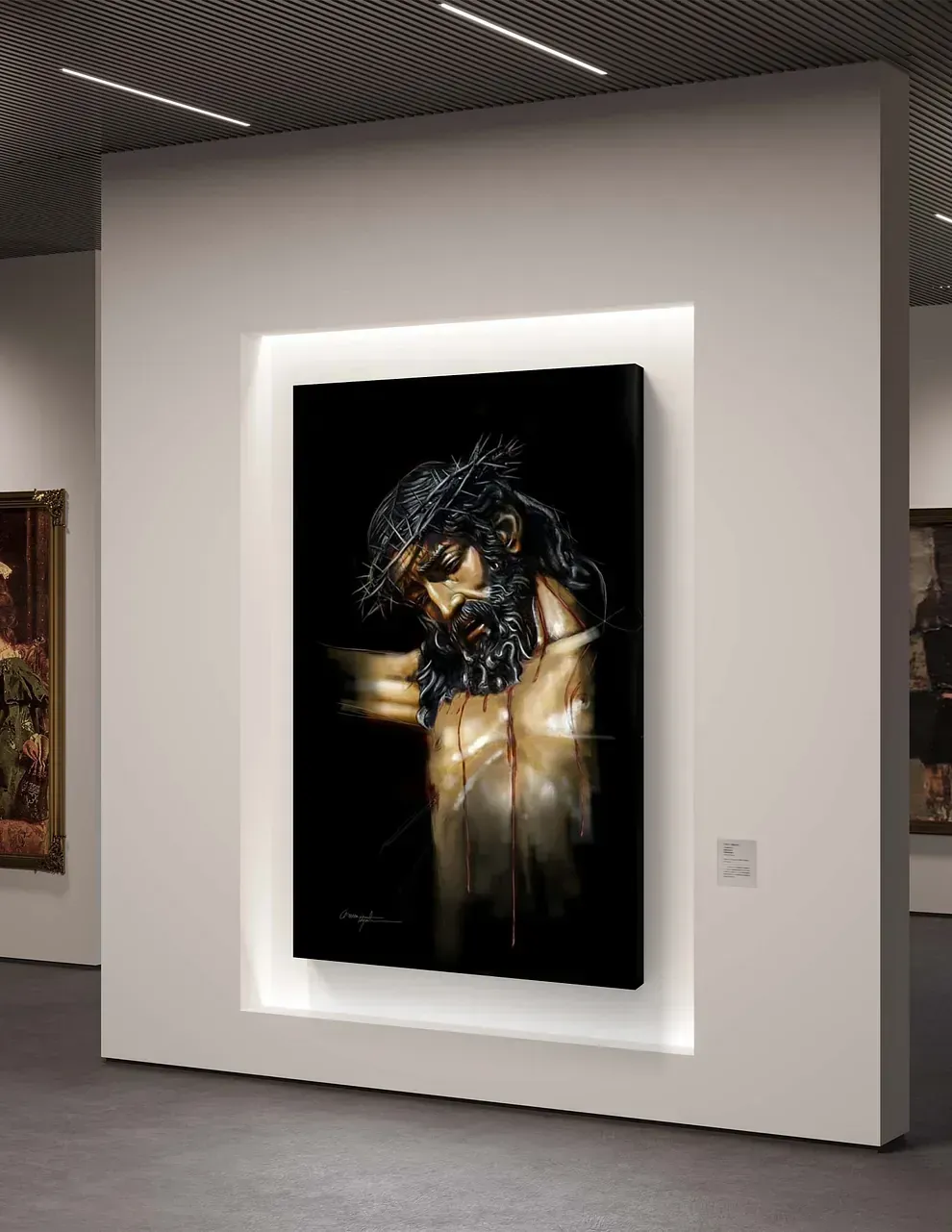 Un cuadro de Jesús está colgado en una pared de un museo.