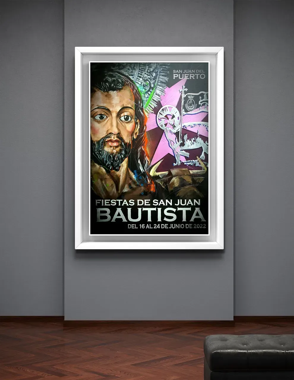 Un cartel enmarcado de Bautista está colgado en una pared.