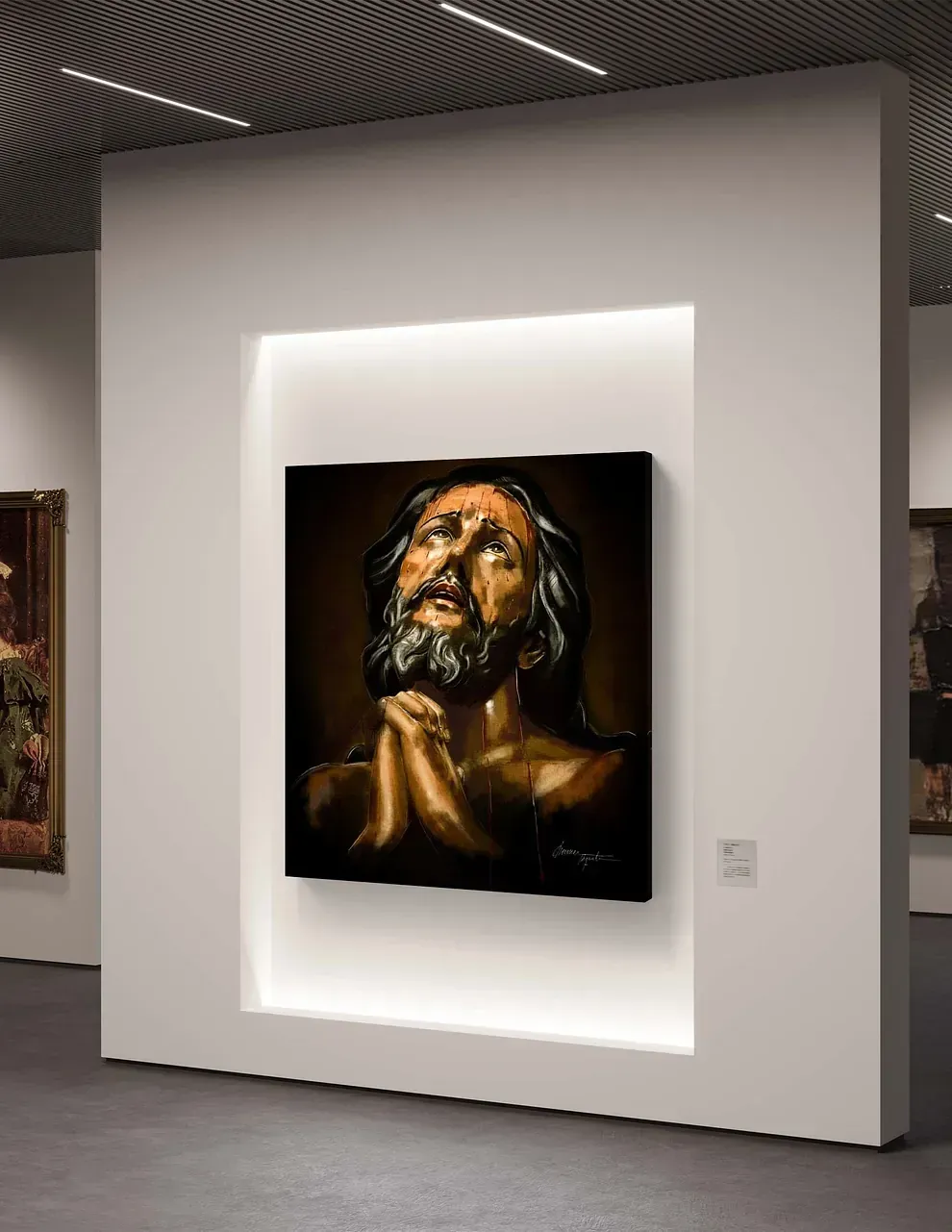 Un cuadro de un hombre con barba está colgado en la pared de un museo.