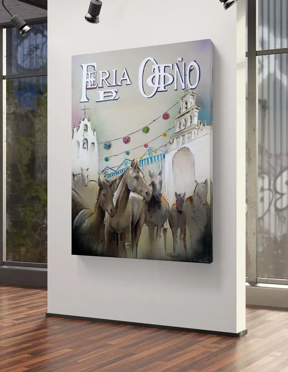 Un cuadro de caballos está colgado en la pared de una habitación.