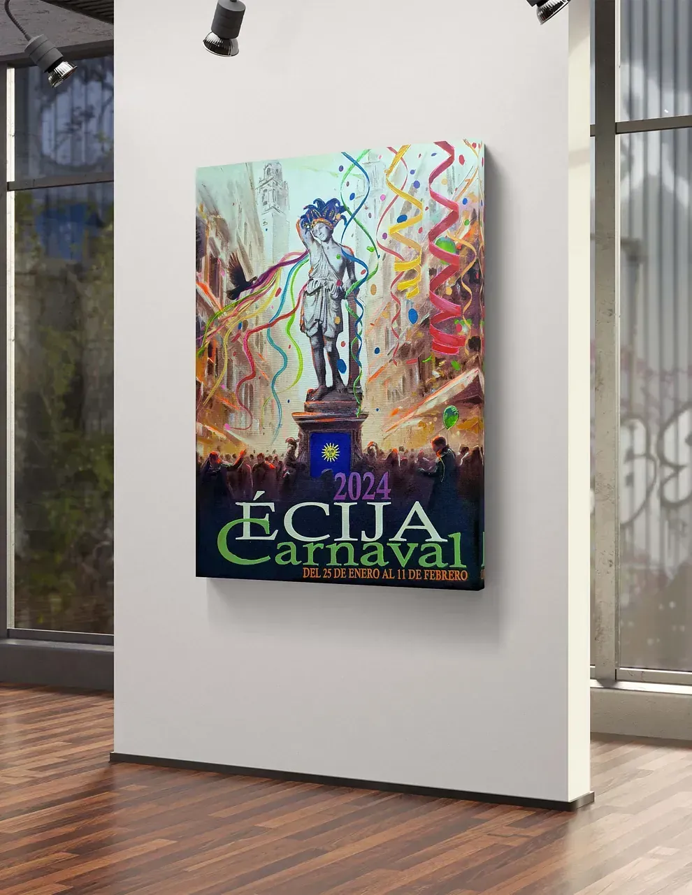 Un cuadro de una estatua está colgado en una pared.