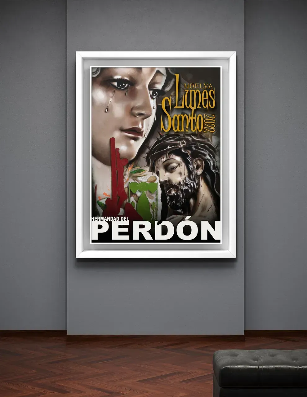 Un cartel enmarcado de Jesús y una mujer está colgado en una pared.