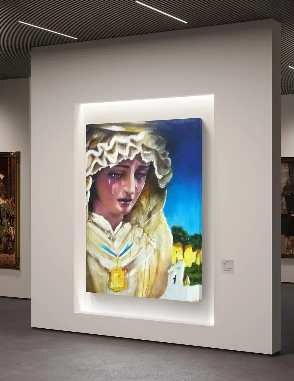 Un cuadro de una mujer está colgado en una pared en un museo.