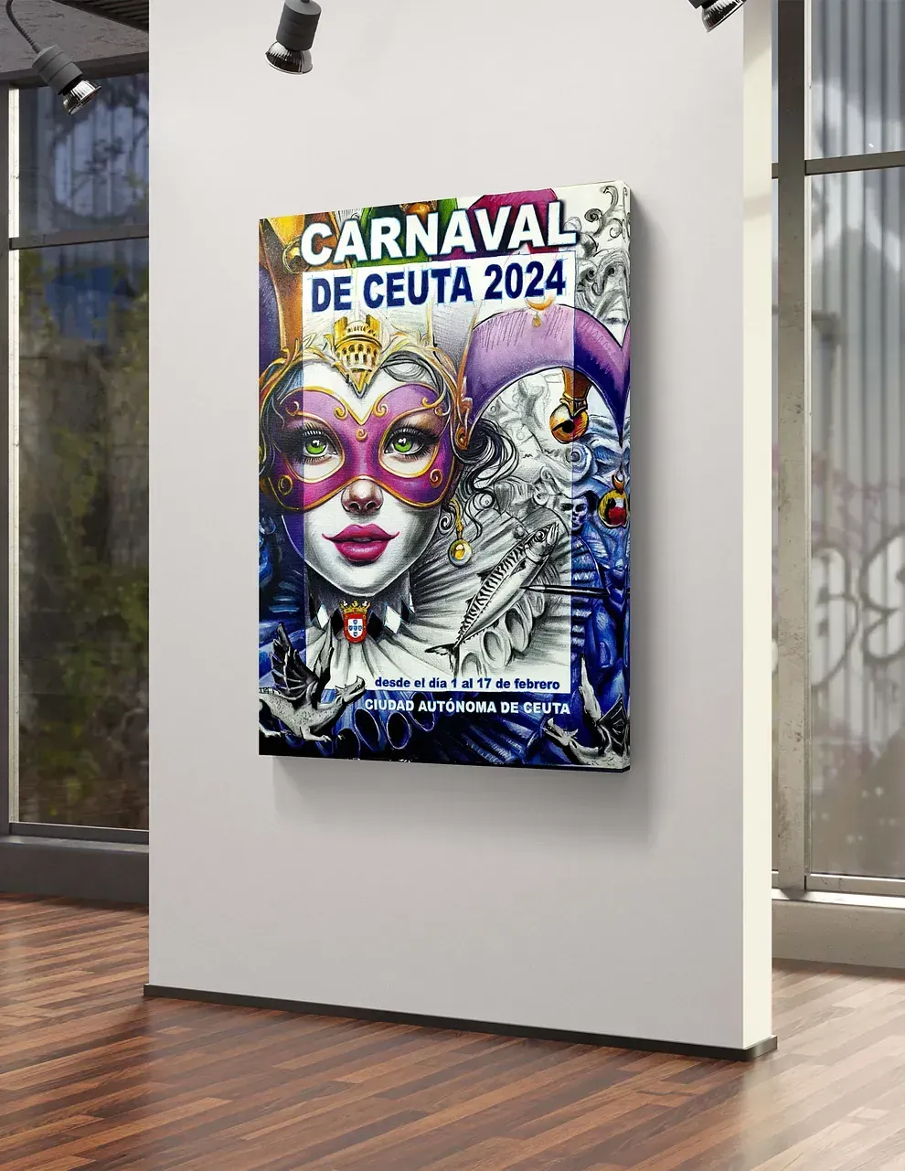 Un cartel del carnaval de Ceuta 2024 está colgado en una pared.