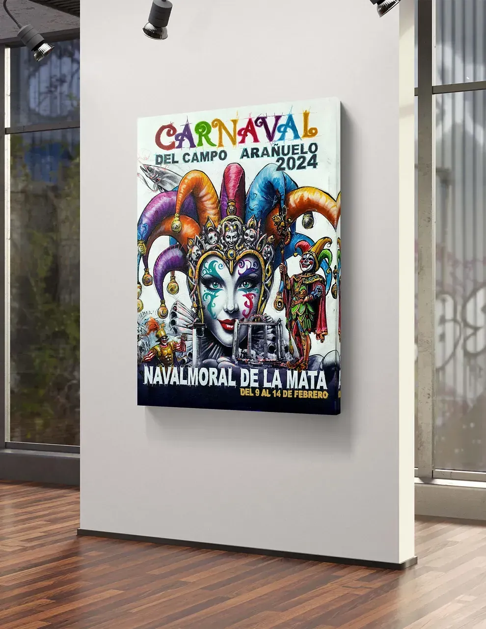 Un cartel de carnaval está colgado en la pared de una habitación.