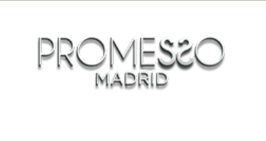 Logotipo “PROMESSO MADRID” en color plata, con un sutil efecto de sombra, sobre fondo blanco.