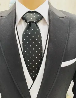 Hombre con traje gris oscuro, camisa blanca, chaleco y corbata de lunares; se ve un pañuelo de bolsillo blanco.
