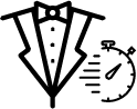 Chaqueta de esmoquin con pajarita y cronómetro, que simboliza un servicio formal rápido o cronometrado.