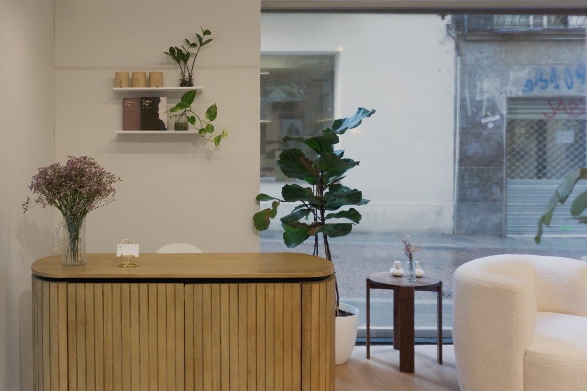 Área de recepción con escritorio de madera, plantas y ventana con vista a una calle de la ciudad.