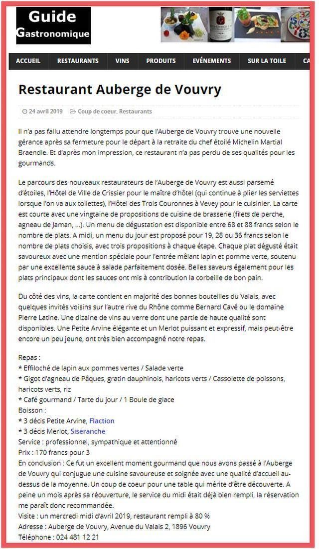 Article de presse - Auberge de Vouvry SA