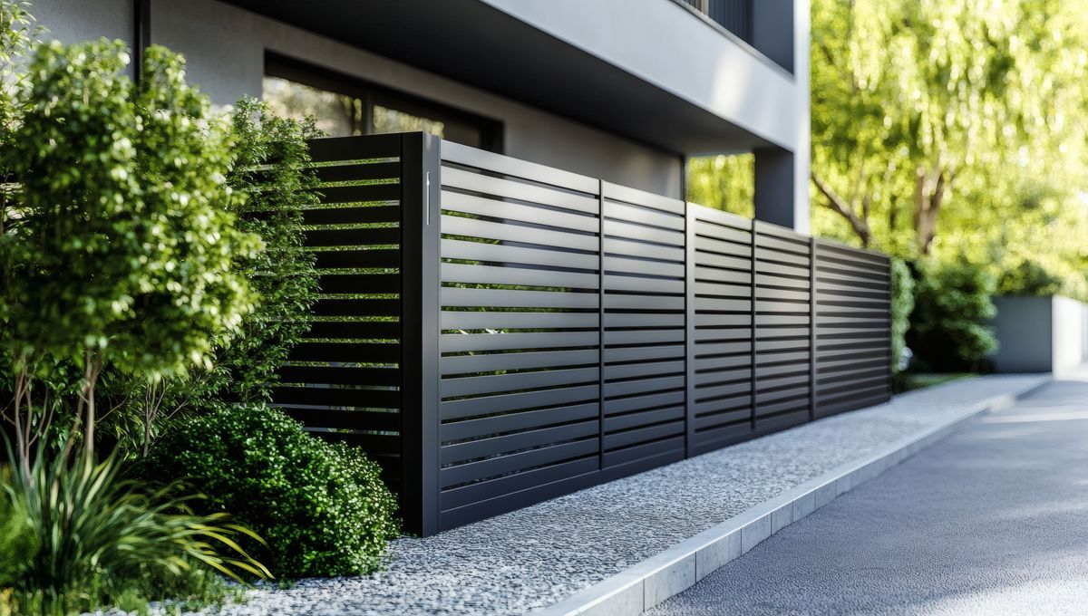 Schwarzer Lattenzaun neben einem Gebäude mit grünen Büschen und einem Gehweg.