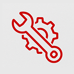 Rotes Schraubenschlüssel- und Zahnradsymbol, das auf Einstellungen oder Wartungsarbeiten hinweist.