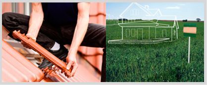 Un hombre está arrodillado en un tejado junto a un dibujo de una casa.