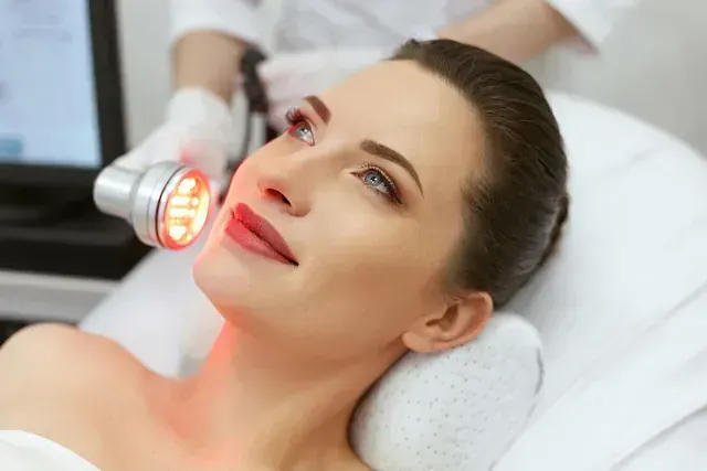 Una mujer recibe un tratamiento de luz roja en su cara.