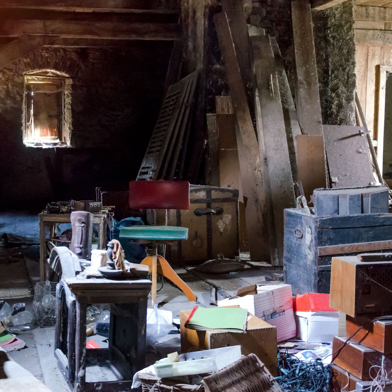 Grenier encombré de vieux meubles, de planches de bois et de cartons. Faible lumière provenant d'une petite fenêtre.