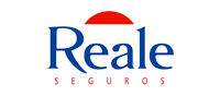 El logotipo azul de Reale Seguros presenta un semicírculo rojo sobre la palabra 